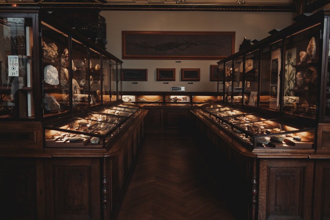 Elegant boutique interior with wooden display cases and warm lighting